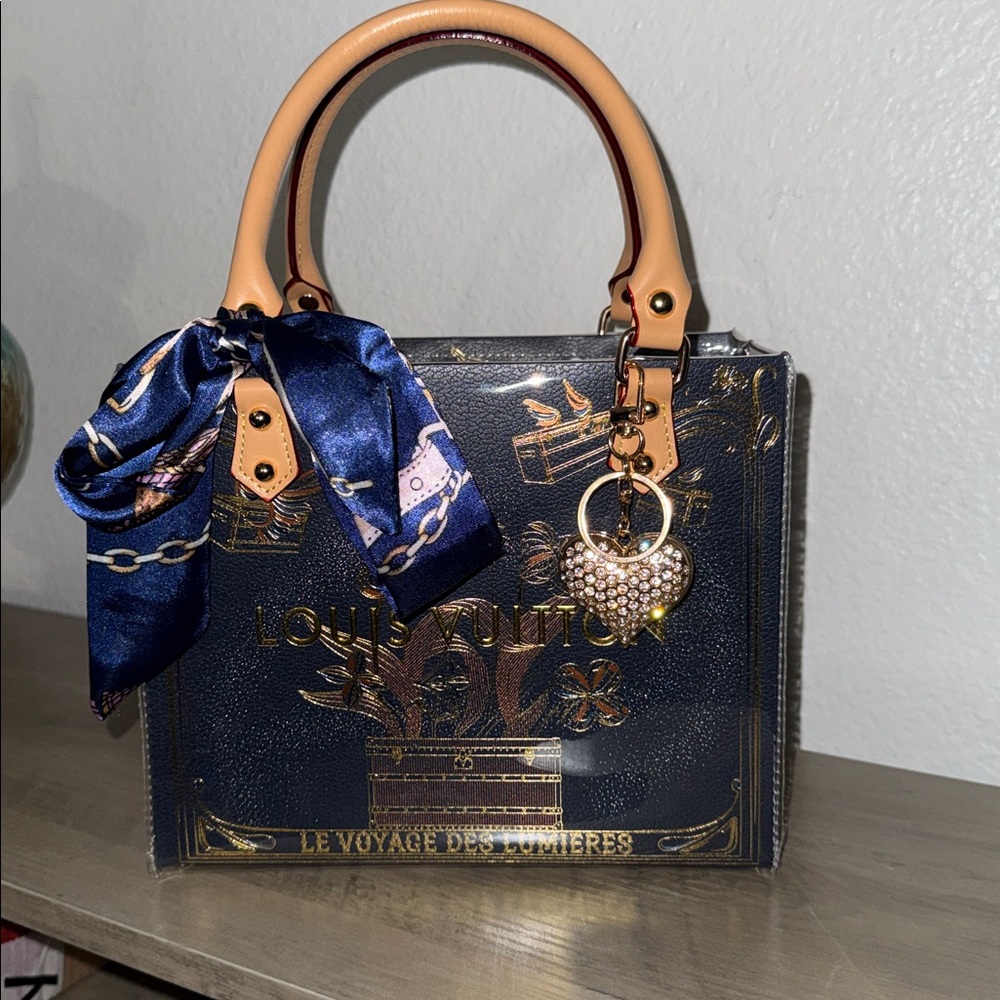 LV Elegant Navy and Gold Tote Handbag with Scarf Accent